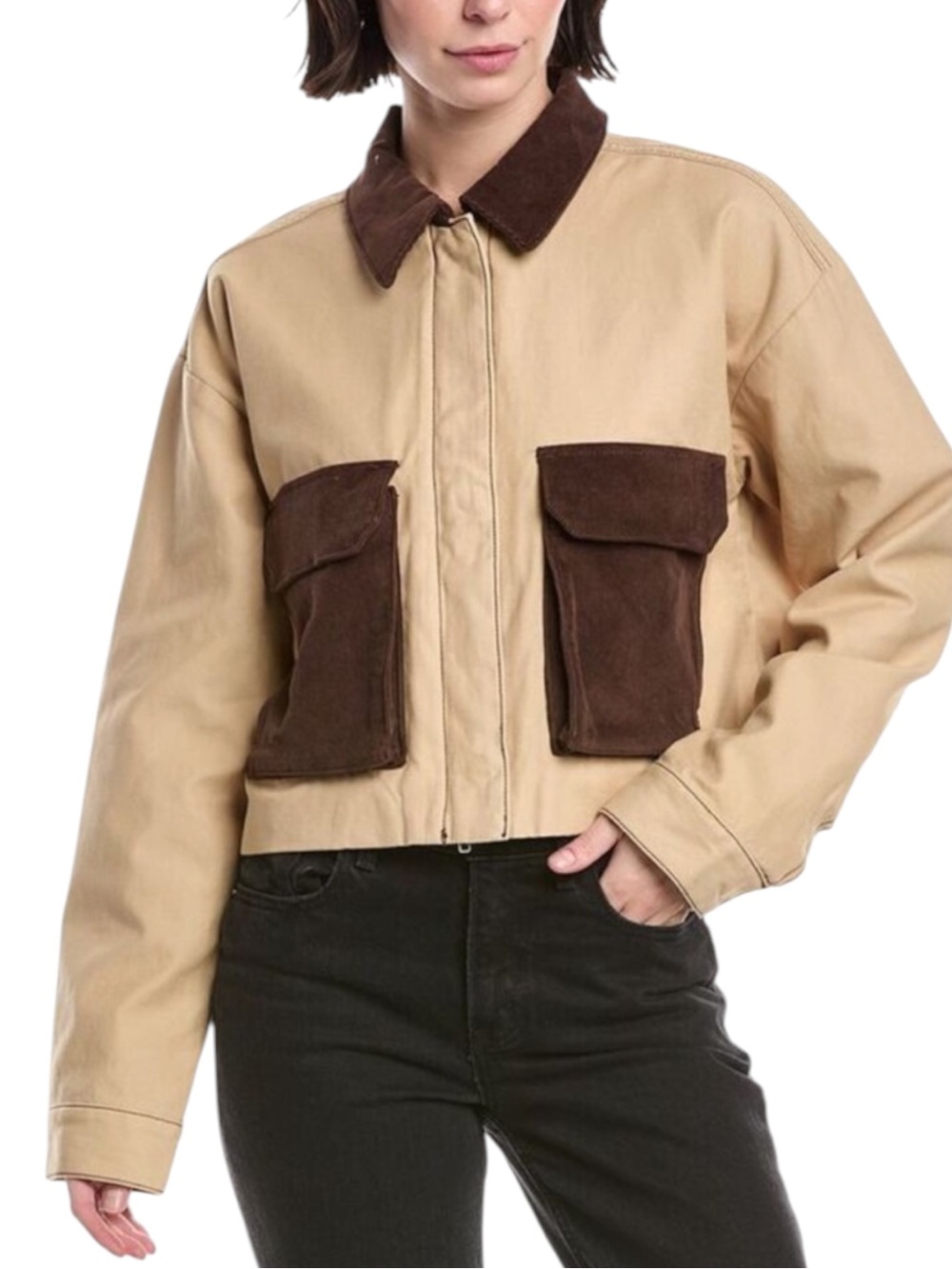 Hudson Cropped Chore Jacket Tan Beige Brown Corduroy Accent Trim Size